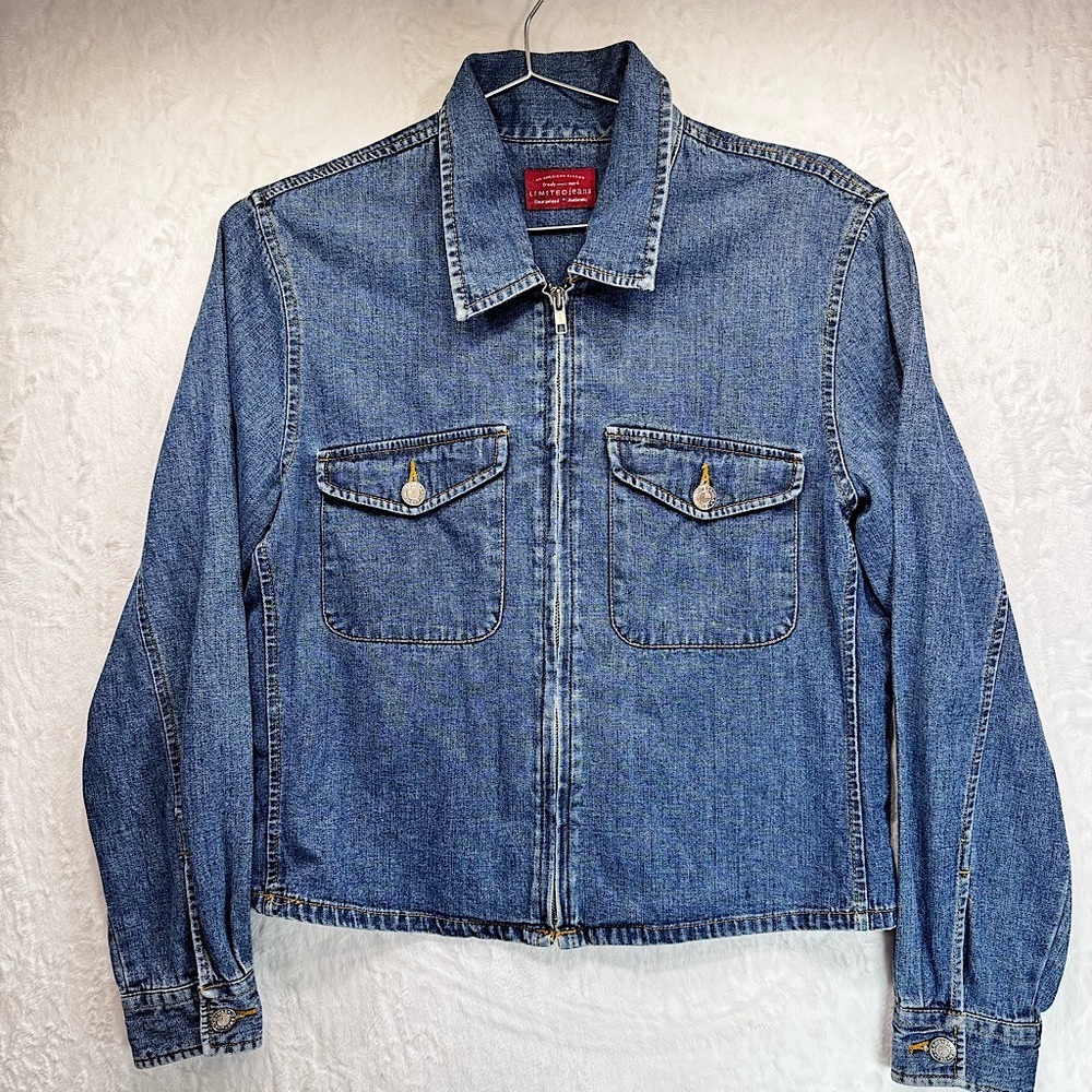 Vintage 90s Y2K The Limited Jeans Denim Trucker Jacket Zip Front 100% Cotton